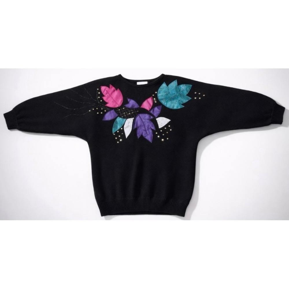 Diversity Vintage 80s 90s Leaf Applique Sweater Black Oversized Retro Rare L
